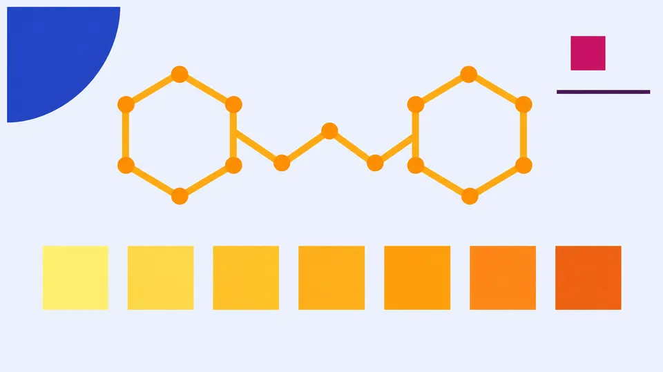 Geometrisk grafik med en skala af gule og orange farvefelter under to sekskanter forbundet af en zigzaglinje