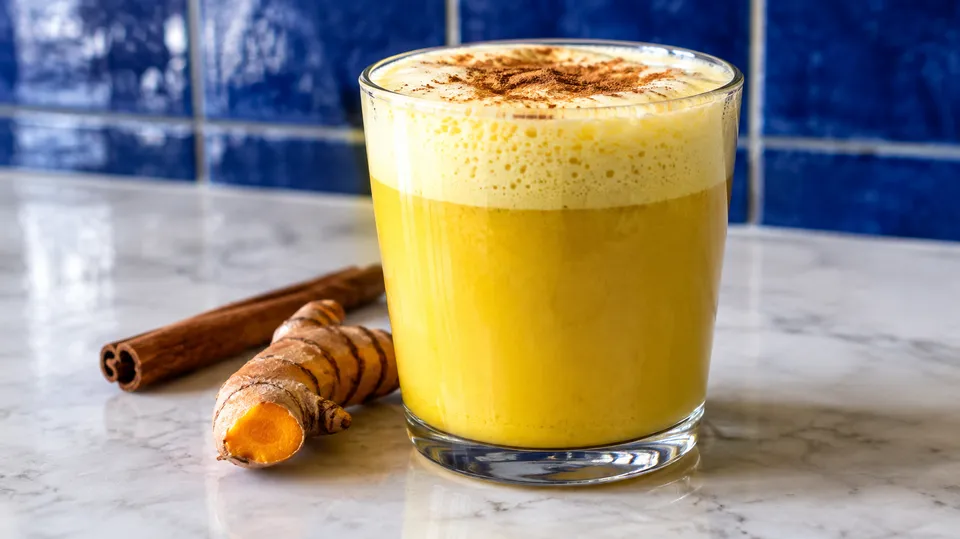 Glas med gul, skummende latte drysset med kanel ved siden af en kanelstang og en frisk gurkemejerod