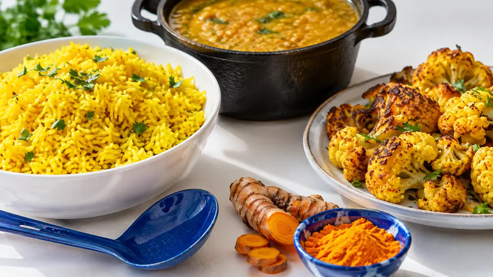Gule ris, en gryde med linser og ristet blomkål på et bord ved siden af frisk gurkemejerod og gurkemejepulver